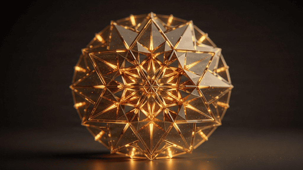 Softly illuminated golden kaleidoscopic pattern against a dark charcoal background, elegant and meditative.